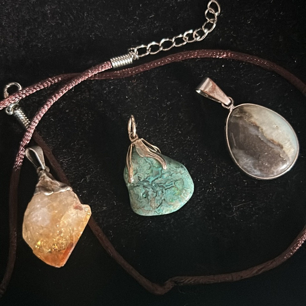 Vintage Dyed Agate Raw Citrine Orca Agate Pendants with Brown Silk Cord Necklace